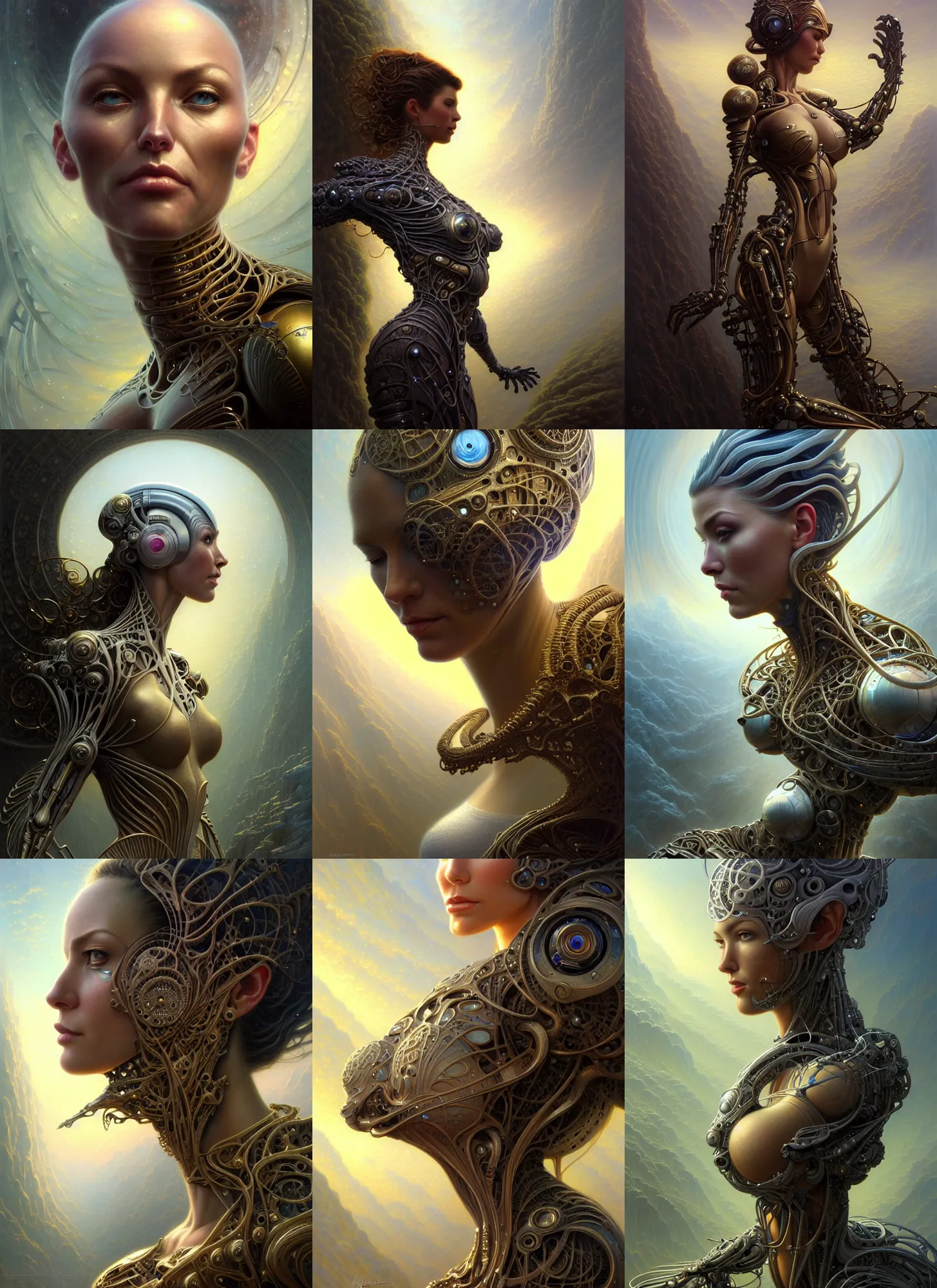 Prompt: closeup portrait shot of a female biomechanic woman in a scenic scifi environment, intricate, elegant, highly detailed, centered, digital painting, artstation, concept art, smooth, sharp focus, gilded body, illustration, thomas kinkade, tomasz alen kopera, peter mohrbacher, donato giancola, leyendecker, boris vallejo