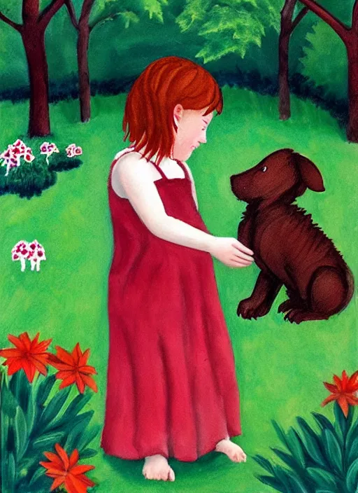 Image similar to “a red-haired child with dark skin playing with a puppy in the garden in the style of Mary Engelbreit”