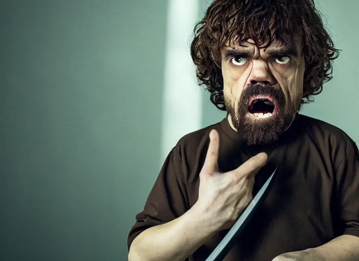 Prompt: peter dinklage knife in mouth running, movie still, from the new scream movie, 8 k, realistic