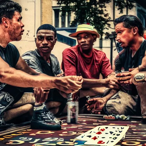 Image similar to with my homies playin street gambling, extremely human detailed, brutal human detailed!!!, hdr human detailed, 4 k human detailed!!!, smooth human detailed!!! photo hyper realistic, the best photograph of august, pinterest render, vogue render