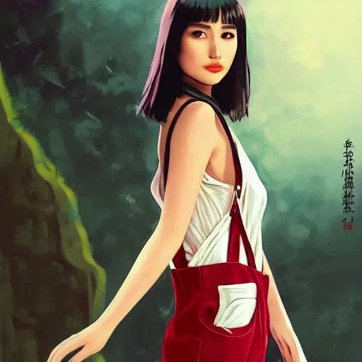 Image similar to a beautiful young japanese natalie portman alluring gravure model, stylized concept art, wearing elegant designer overalls, elegant overalls with mesoamerican patterns, mesoamerican native street fashion, princess mononoke, painted by jamie hewlett and ashley wood and mike mignola, aesthetic, gorgeous, stunning, alluring, attractive, artstation, pinterest, digital art