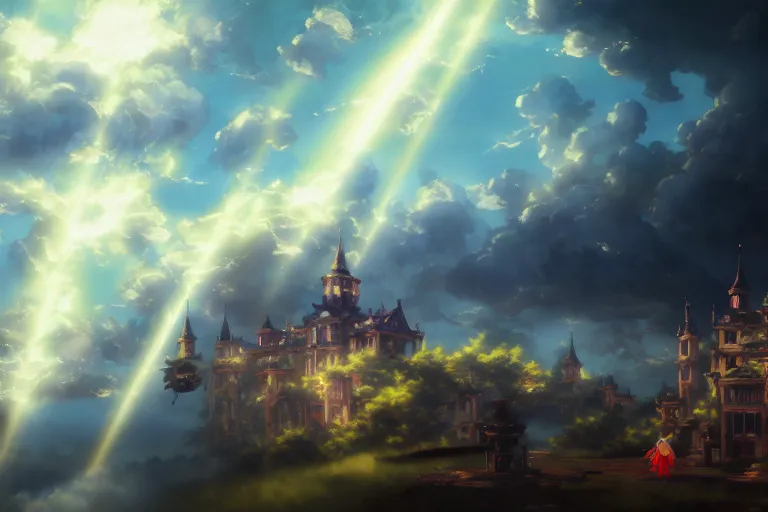 Image similar to baroque oil painting of anime key visual concept art of touhou anime witches flying on broomsticks through the sky, volumetric lighting, sunrays breaking through clouds, grimdark steampunk high fantasy, trending on artstation, brush strokes, oil on canvas, style of makoto shinkai and greg rutkowski and studio ghibli