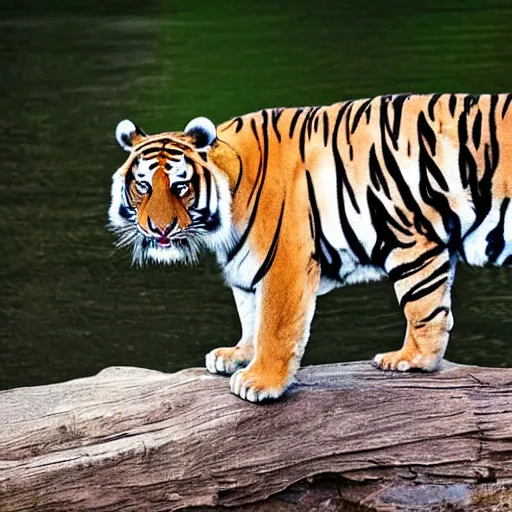 Prompt: a mighty Chinese tiger standing on a log ready to hunt prey in the water