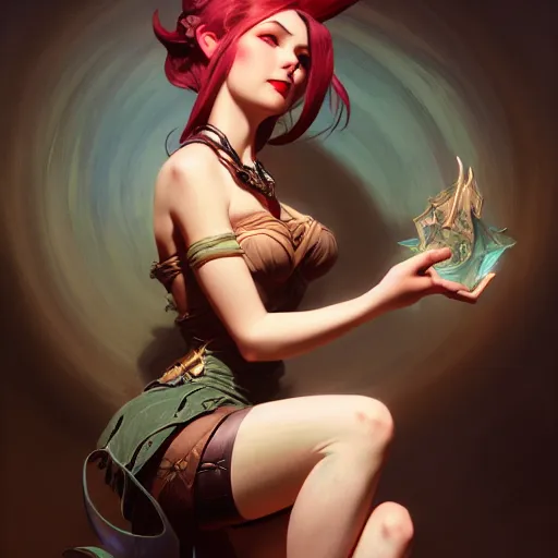 Prompt: Jinx of League of Legends, dark fantasy, medium shot, intricate, elegant, highly detailed, digital painting, volumetric light, artstation, concept art, smooth, sharp focus, illustration, art by Gil Elvgren and Greg Rutkowski and Alphonse Mucha