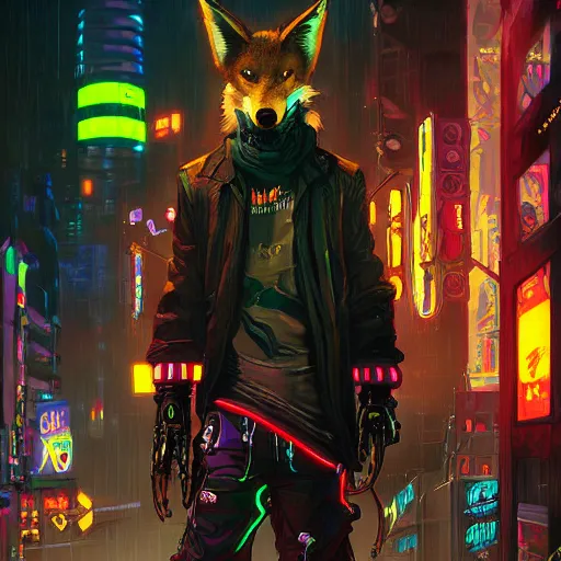 Prompt: anthropomorphic coyote character wearing black cyberpunk skater clothes with neon highlights in a cyberpunk city. Renowned character illustration by greg rutkowski, thomas kindkade, alphonse mucha, loish, norman rockwell. Trending on artstation 4k. Highly detailed. Digital art.