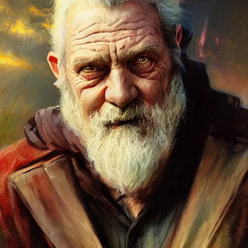 Image similar to Solomon Joseph Solomon and Richard Schmid and Jeremy Lipking victorian genre painting portrait painting of a old rugged dragon wizard huge dragon from the hobbit , red background