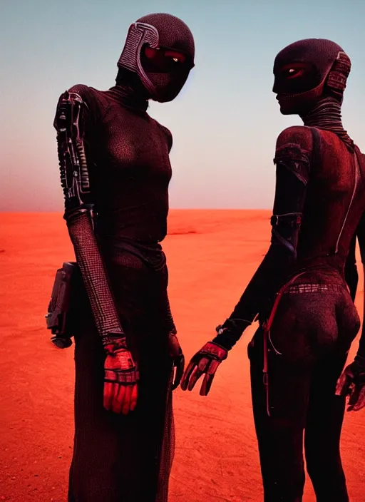 Image similar to cinestill 5 0 d photographic portrait by steve mccurry of two loving female androids wearing rugged black mesh techwear on a desolate plain with a red sky, extreme closeup, cyberpunk style, dust storm, 8 k, hd, high resolution, 3 5 mm, f / 3 2, ultra realistic faces, ex machina, blade runner