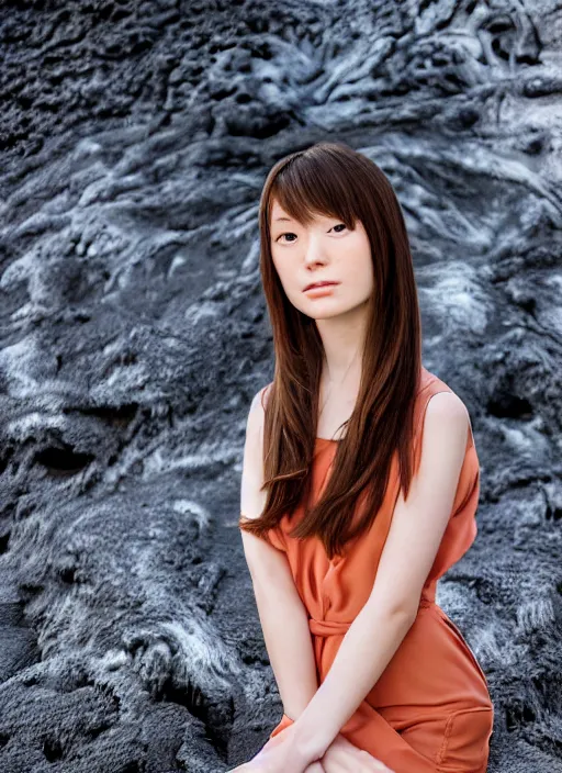 Image similar to Sony Alpha 1 Mirrorless Camera,, 8K, soft light, volumetric lighting, highly detailed, Kasumi Arimura style 3/4 ,portrait photo Kasumi Arimura teen princess, the face emerges from Kīlauea, thermal lava flowing down gold travertine terraces, inspired by Ophelia paint , a beautiful luxurious royal suit, intricate hair with highly detailed realistic beautiful flowers , Realistic, Refined, Highly Detailed, ethereal lighting colors scheme, outdoor fine art photography, Hyper realistic, photo realistic