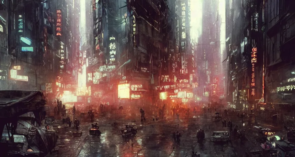 Image similar to a highly detailed epic cinematic concept art CG render digital painting artwork scene: Blade Runner in 1980s USSR. By Greg Rutkowski, Ilya Kuvshinov, WLOP, Stanley Artgerm Lau, Ruan Jia and Fenghua Zhong, trending on ArtStation, made in Maya, Blender and Photoshop, octane render, excellent composition, cinematic dystopian brutalist atmosphere, dynamic dramatic cinematic lighting, aesthetic, very inspirational, arthouse
