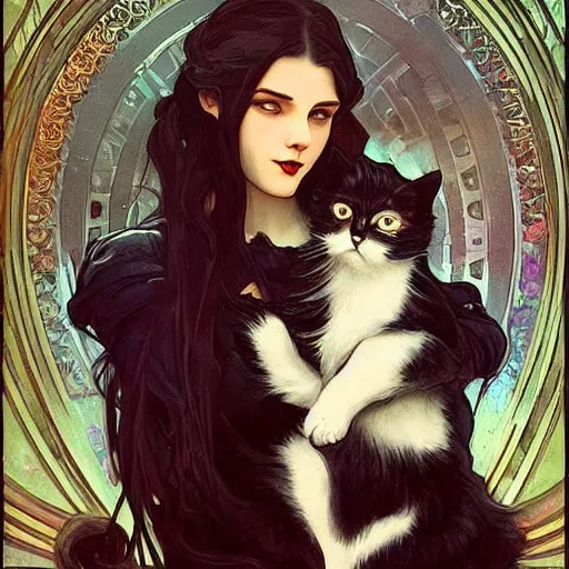 Image similar to cute!!! goth girl with long dark hair parted sideways thick eyebrows and dark eyes, she is holding a cat in her arms, by juan villafuerte, greg rutkowski and alphonse mucha, pexels contest winner, high quality photo, rtx, hd