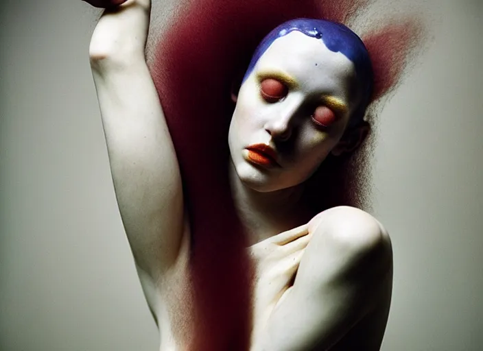 Prompt: cinestill 5 0 d photo portrait of a beautiful woman in style of tim walker by roberto ferri, body skin in part weird marble, hair is intricate liquid metal, 1 5 0 mm lens, f 1. 2, sharp focus, ethereal, emotionally evoking, head in focus, bokeh volumetric lighting, tonal colors outdoor