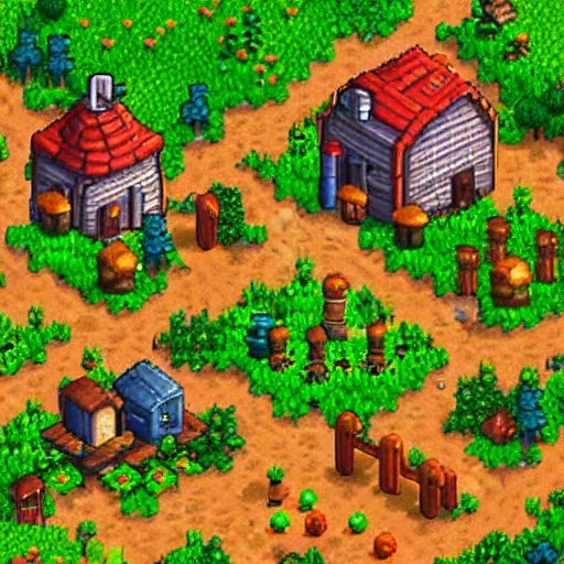 Image similar to an isometric render of a village, farm game, medieval, forest, stardew valley