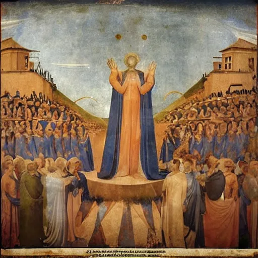 Image similar to Thelema God Morgante the Demon stands above the small townfolk leering with enormous eye fresco by giotto