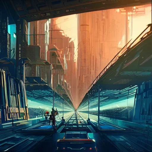 Image similar to busy cyberpunk futuristic cityscape located under a bridgeway, world seen only through a portal, daylight, cinematic perspective, cinematic lighting, blue sky, syd mead, john harris, symmetrical