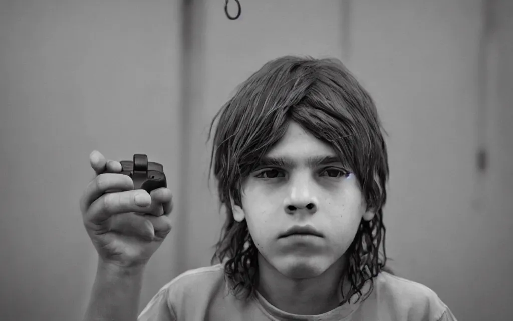 Prompt: a boy with long hair locked up in prison while playing video games photo realistic renato corsini