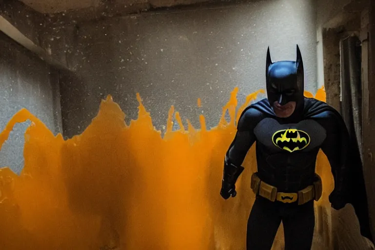 Image similar to batman covered in lots of orange juice offering free beer, chasing through old brown decrepit hallway, creepy smile, atmospheric eerie lighting, dim lighting, bodycam footage, motion blur, blurry photography