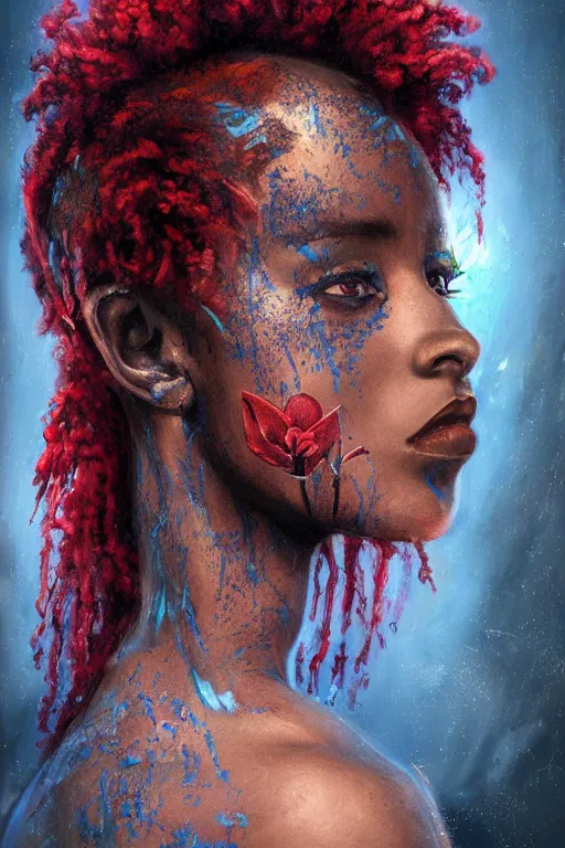 Image similar to portrait of beautiful young maiden, warhammer, afro style, more and more cyberpunk, a lot of more scars, more and more flowers, blue head, some red water, the middle ages, highly detailed, artstation, illustration, artgerm sylvari portrait, 8 k quality, art by alfred kubin