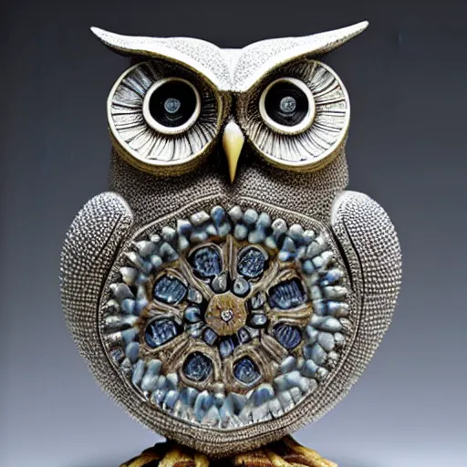 Prompt: symmetrical detailed sculpture of an owl, made of Sceptered Quartz