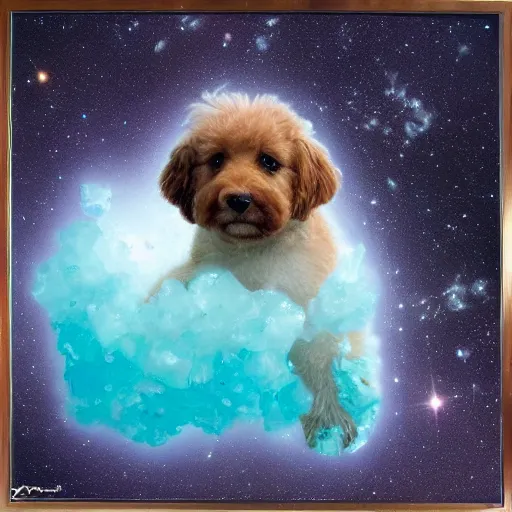 Prompt: a photograph of a huge dog in space made of turquoise colored crystals