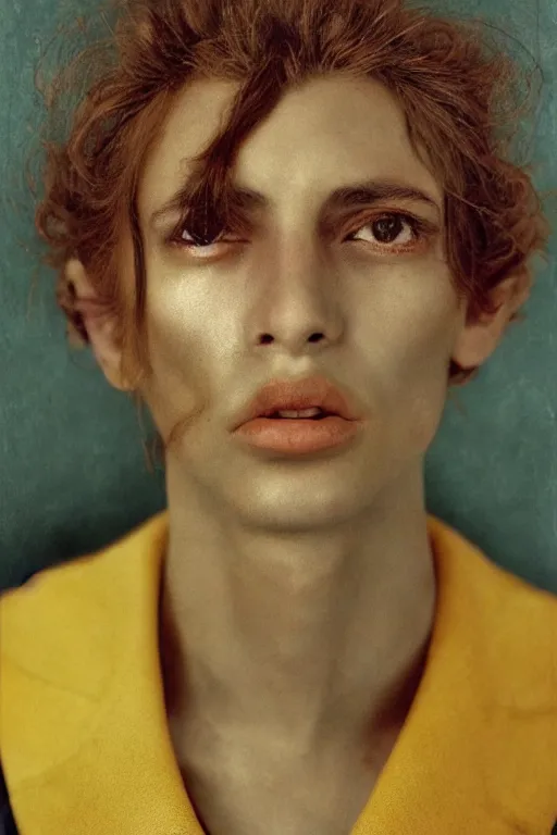 Image similar to hyperrealism close - up fashion portrait by roversi photo from the holy mountain by alejandro jodorowsky in style of francisco goya