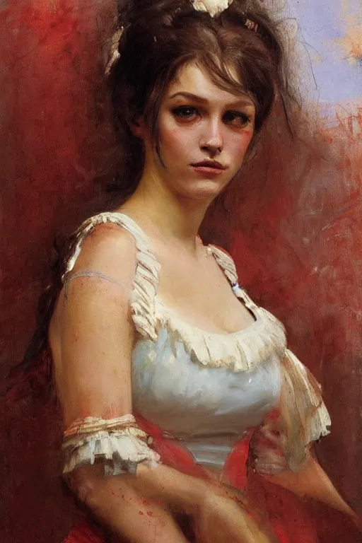 Prompt: Solomon Joseph Solomon and Richard Schmid and Jeremy Lipking victorian genre painting full length portrait painting of a young beautiful woman traditional german french Brigitte Bardot barmaid in fantasy costume, red background