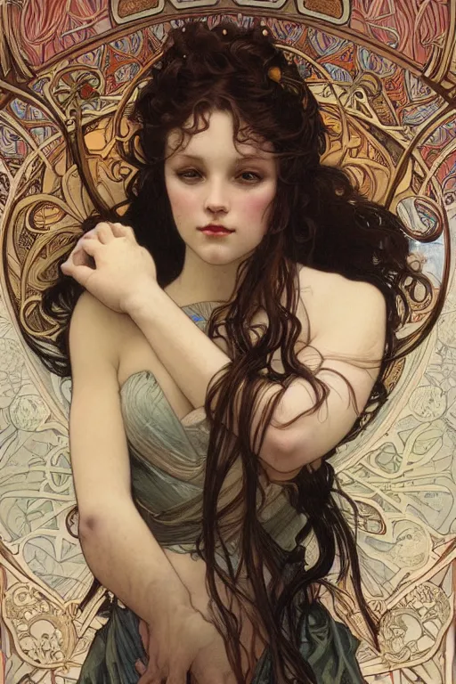 Prompt: realistic detailed portrait of Taii Gordon by Alphonse Mucha, Ayami Kojima, Amano, Charlie Bowater, Karol Bak, Greg Hildebrandt, Jean Delville, and Mark Brooks, Art Nouveau, Neo-Gothic, gothic, Black model Taii Gordon, rich deep moody colors