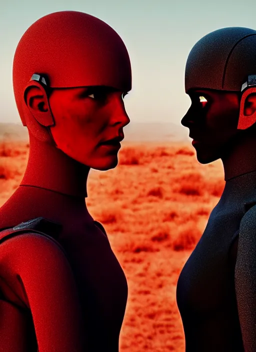 Image similar to cinestill 5 0 d photographic portrait by steve mccurry of two loving female androids wearing rugged black techwear on a desolate plain with a red sky in front of a brutalist structure, extreme closeup, cyberpunk style, dust storm, 8 k, hd, high resolution, 3 5 mm, f / 3 2, ultra realistic faces, ex machina