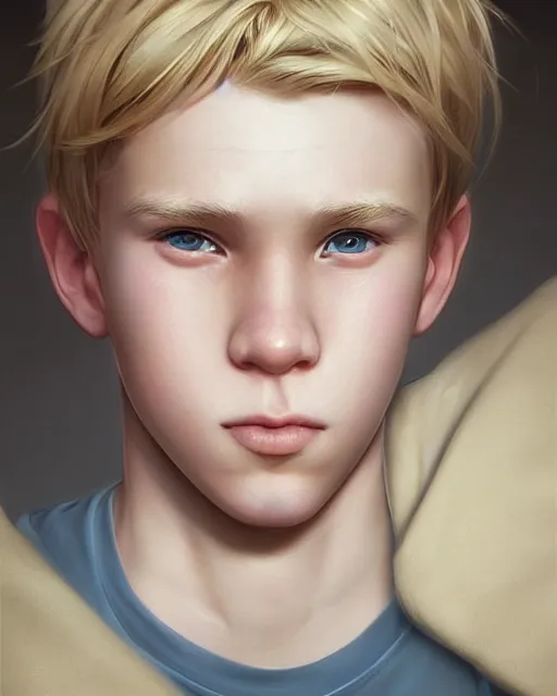 Image similar to portrait of 1 5 - year - old boy with blonde hair, round - face, with slightly buck - toothed, hyper realistic face, beautiful eyes, character art, art by artgerm lau and wlop and and ilya kuvshinov and john singer sargent, hyperdetailed, symmetrical, cryengine, trending on artstation, digital art
