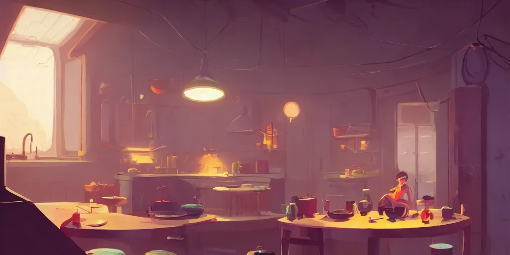 Image similar to cute solitary kitchen dim lit by a candle ripped physique simon stalenhag gerald brom bastien grivet by greg rutkowski game background fisheye lens day of the tentacle, 3 point perspective