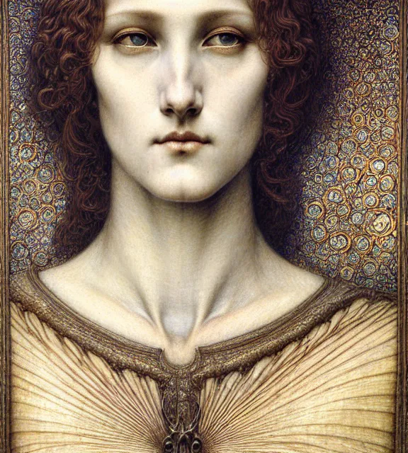 Image similar to detailed realistic beautiful young medieval queen face portrait by jean delville, gustave dore and marco mazzoni, art nouveau, symbolist, visionary, gothic, pre - raphaelite. horizontal symmetry