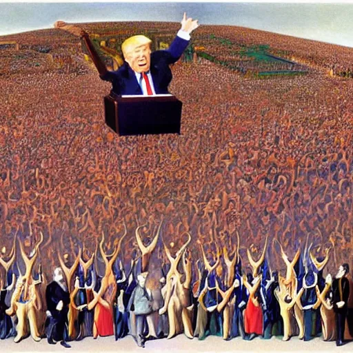 Image similar to enoumous crowd of millions of people, everyone is laughing and pointing at donald trump on a podium. he is not wearing pants and his legs are visible. painting by salvador dali.