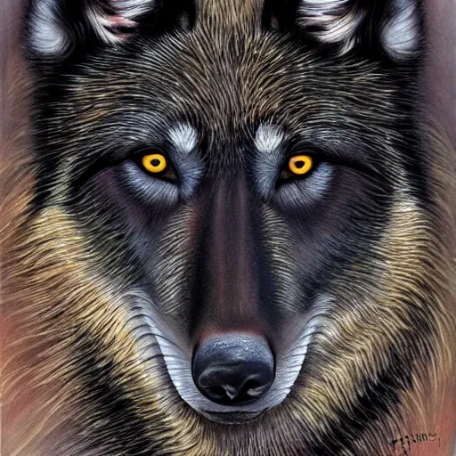 Image similar to black wolf in an australian desert, gold colored eyes, painting