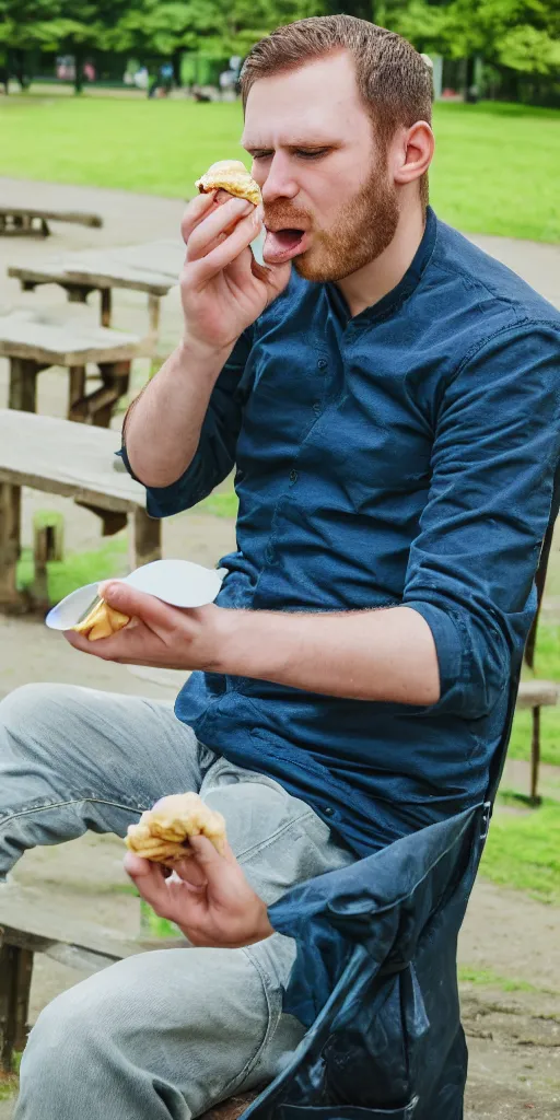 Image similar to colour photograph of a 3 0 year old british man eating ice cream at the park