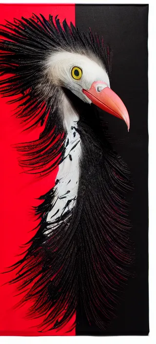 Prompt: canvas coated with red paint, black stripes, bird flying out of water, vulture, carrying intestines in beak, matte paint, alberto seveso