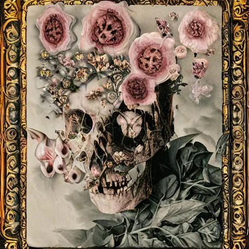 Image similar to a beautiful detailed front view baroque portrait of a rotten woman corpse becoming almost a skull with fractal plants and fractal flowers and mushrooms growing around, intricate, ornate, volumetric light, beautiful lit, polaroid photography