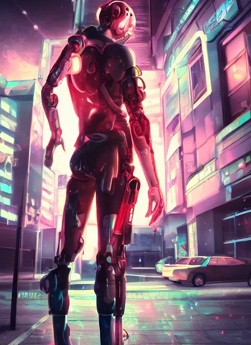 Prompt: Male cyborg, battle-damaged, wearing a school uniform, standing on neon-lit street corner”, full body shot, cyberpunk, Digital art, detailed, anime