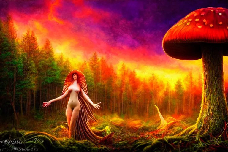 Image similar to a realistic portrait of a beautiful mushroom goddess in an enchanted psychedelic mushroom forest, at sunset, wlop,