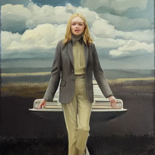 Image similar to professional painting of Elle Fanning as 007 in the style of Scott Listfield and Andrew Wyeth, head and shoulders portrait, symmetrical facial features, smooth, sharp focus, illustration, intricate, stormy weather, extremely detailed masterpiece,