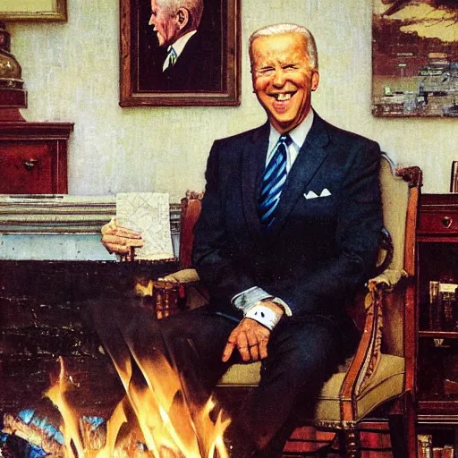 Image similar to eye level portrait painting by Norman Rockwell of Joe Biden sitting in a chair. Cozy fire. Legs apart