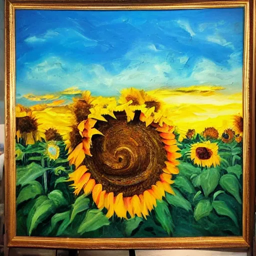 Image similar to Impasto painting of a hidden elephant in a field of sunflowers over a sunset