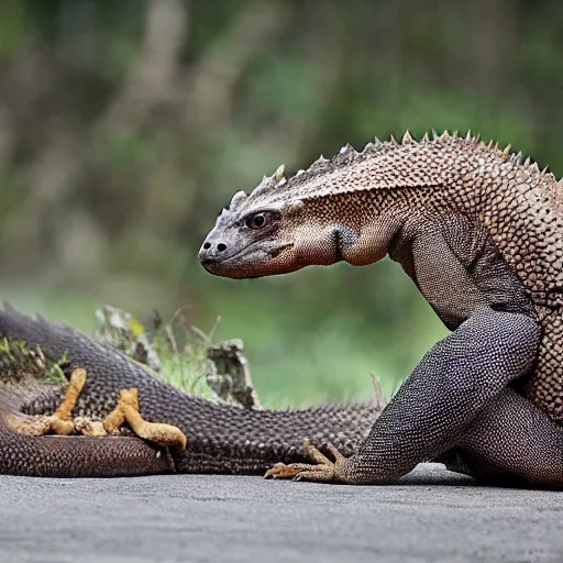 Image similar to a hybrid between a komodo-dragon and a pangolin, national geographic file-photo, photography