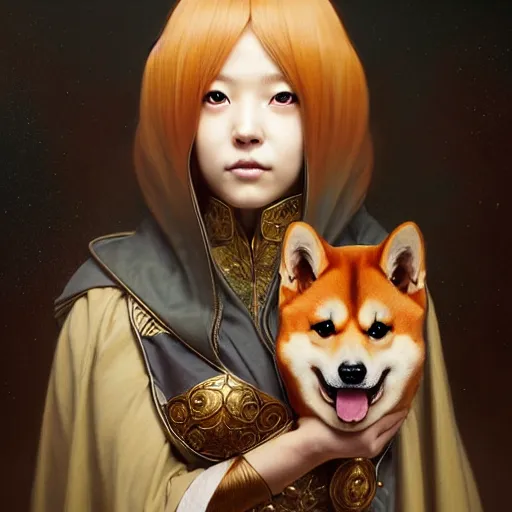 Image similar to portrait painting of a cute shiba inu bard with cape, ultra realistic, concept art, intricate details, eerie, highly detailed, photorealistic, octane render, 8 k, unreal engine. art by artgerm and greg rutkowski and charlie bowater and magali villeneuve and alphonse mucha