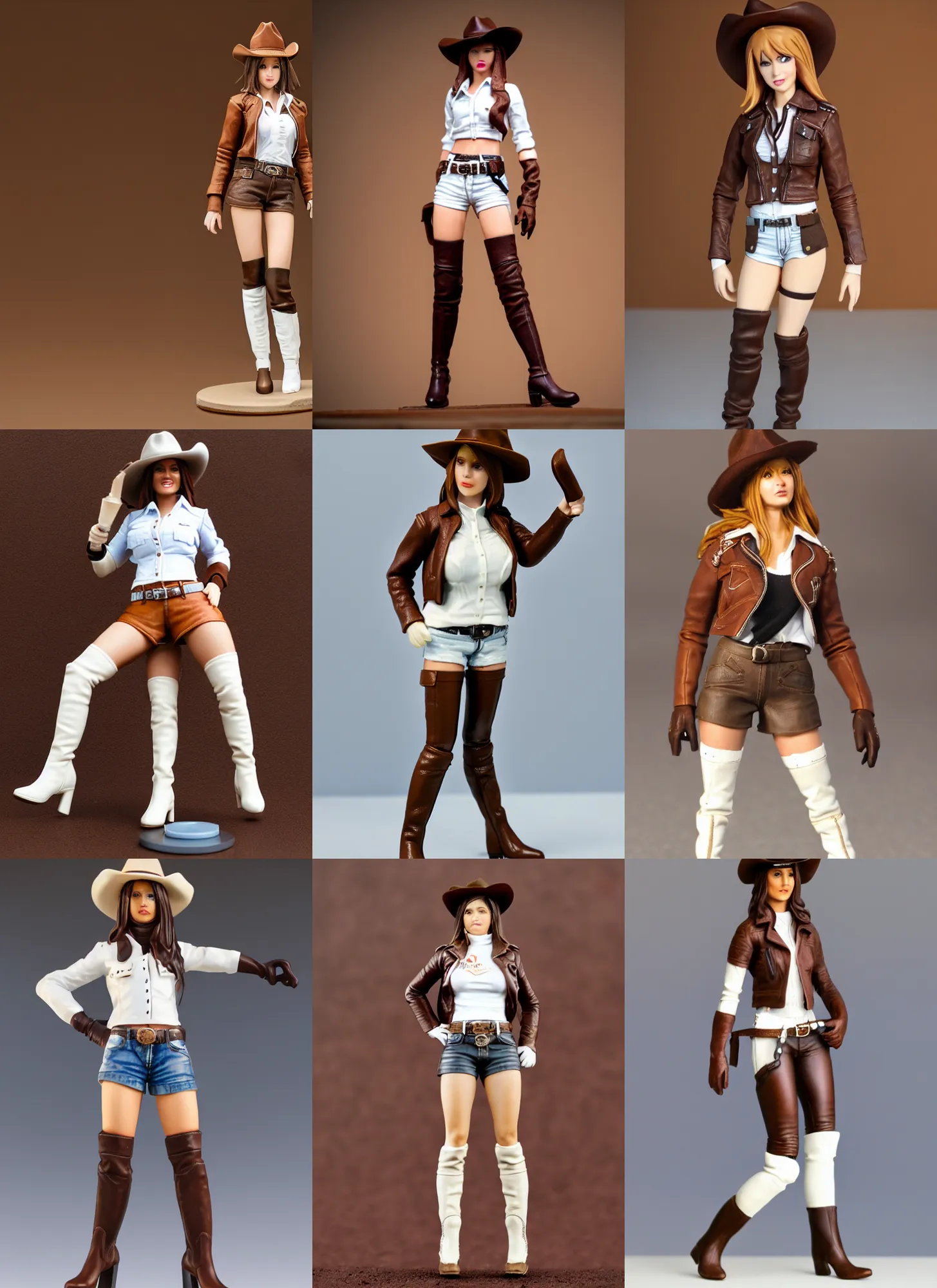 Prompt: 80mm resin miniature of a cow-girl, Short brown leather jacket, white shirts, hot-pants, ten-gallon hat, over-knee boots, Navel, Thigh Skin, Standing with legs open on textured disc base; Miniature product Introduction Photos, Logo at top left of screen, 4K, Full body; Front view