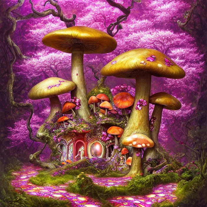 Image similar to extremely psychedelic home made of orchid and cherry blossom tree and mushroom, LSD, diffuse lighting, fantasy, intricate, elegant, highly detailed, lifelike, photorealistic, digital painting, artstation, illustration, concept art, smooth, sharp focus, art by John Collier and Albert Aublet and Krenz Cushart and Artem Demura and Alphonse Mucha