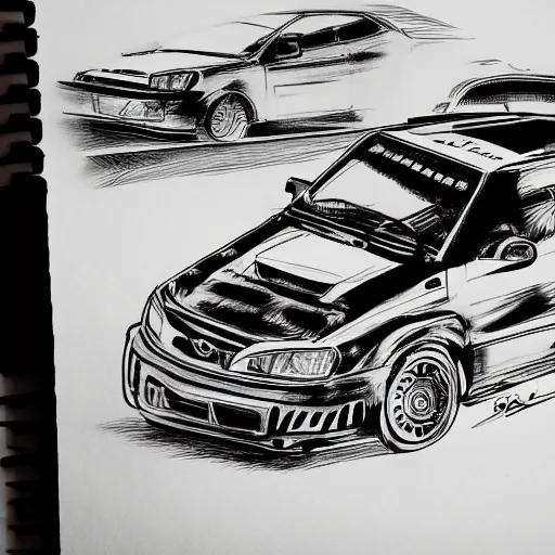 Image similar to Kia Rio hatchback drifting, page from Initial D manga, ink drawing, black and white