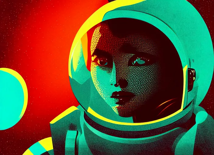 Image similar to portrait of a young astronaut girl, colorful, modern art deco, mads berg, karolis strautniekas, stippled light, fine texture, editorial illustration, dramatic lighting, dynamic composition, detailed, matte print, dynamic perspective, muted color