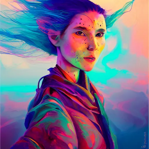 Image similar to colorful character portrait of a woman in a dark desert lit by the stars, wispy smoke, highly detailed face, very intricate, symmetrical, cinematic lighting, award - winning epic painting, painted by mandy jurgens, pan futurism, dystopian, bold colors, dark vibes, cyberpunk, groovy vibe, anime aesthetic, featured on artstation
