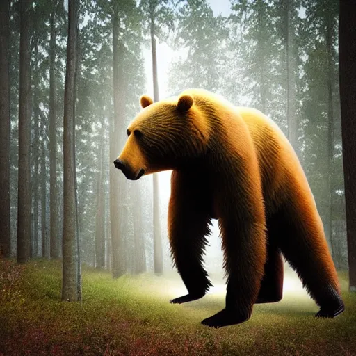 Image similar to scary bear standing on 2 legs, huge bear, taller than the trees, forest, colossal bear, digital art