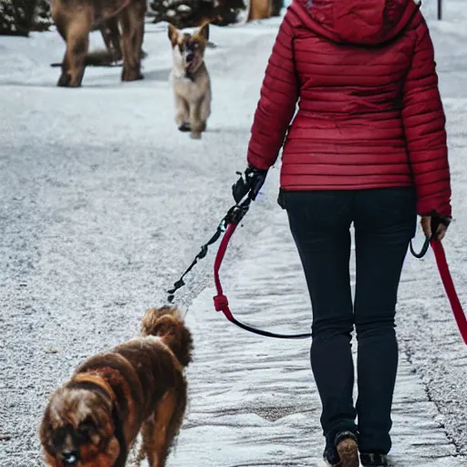 Prompt: a woman walking her dog in switzerland, artistic, detailed, high resolution,