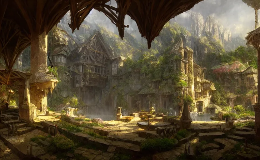 Image similar to painting of a series of opposing living quarters overlooking communal area carved inside a mountain, lush garden with hot spring between, cozy bed, well maintained, clean, medieval, fantasy genre, natural light, fantasy, natural light, concept art, by greg rutkowski and craig mullins, cozy atmospheric and cinematic lighting, trending on artstation